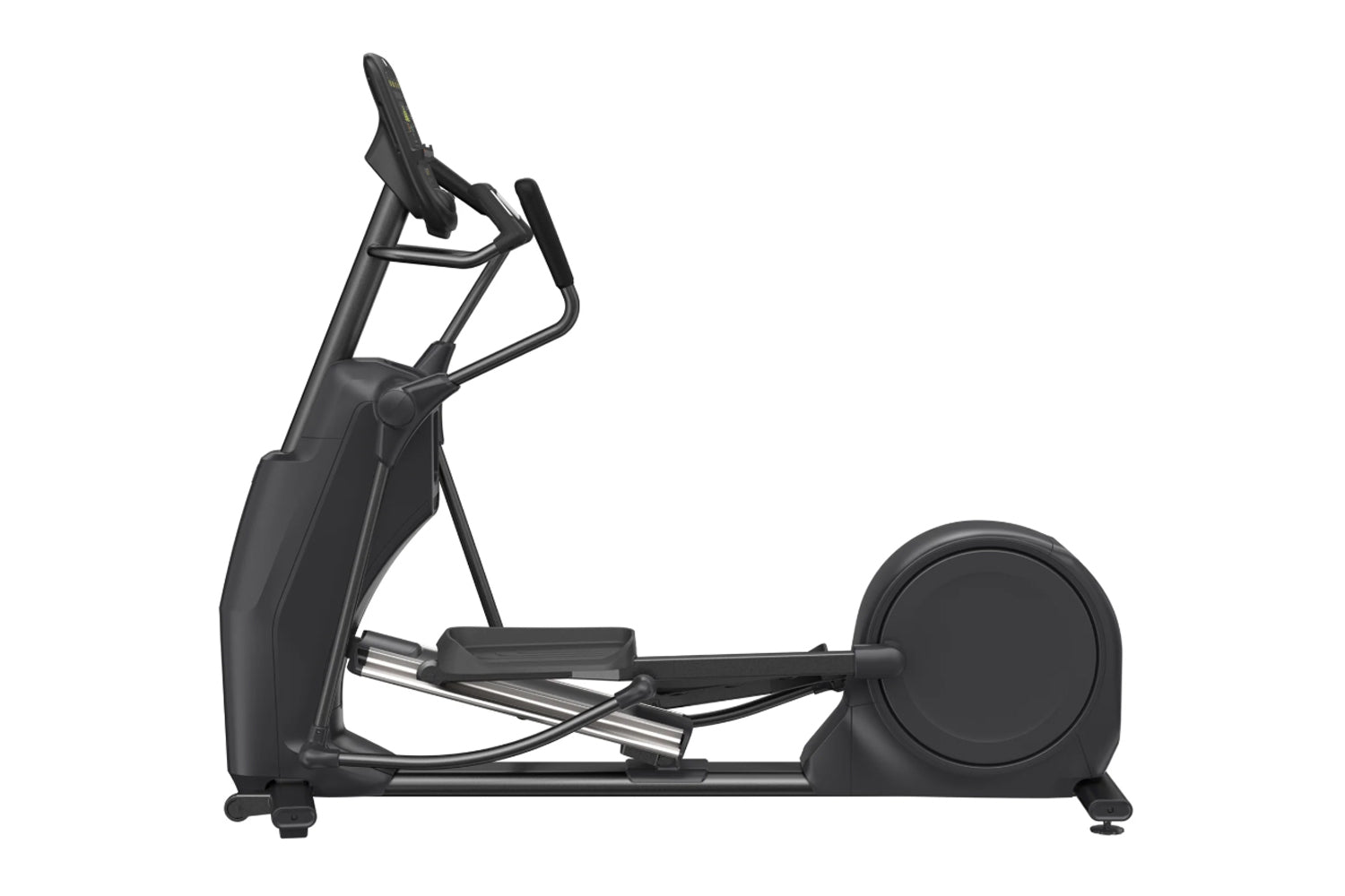Black elliptical machine with curved stride pedals, handlebars, and large wheel on right side, on white background