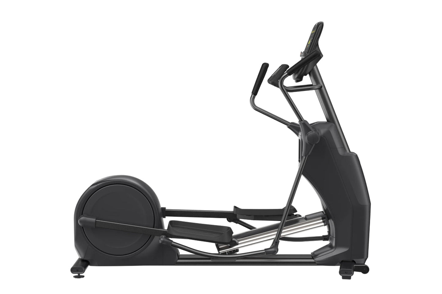 Black elliptical machine with curved pedals, handlebars, and digital console on white background