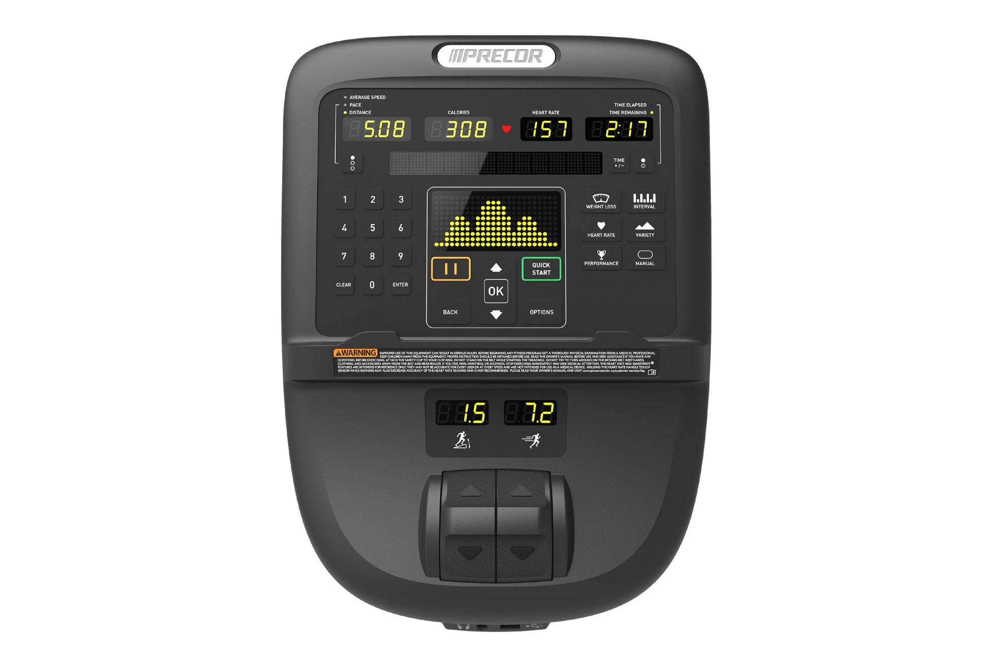 Precor EFX 535 elliptical machine with black frame, digital console displaying workout metrics in yellow text, numeric keypad