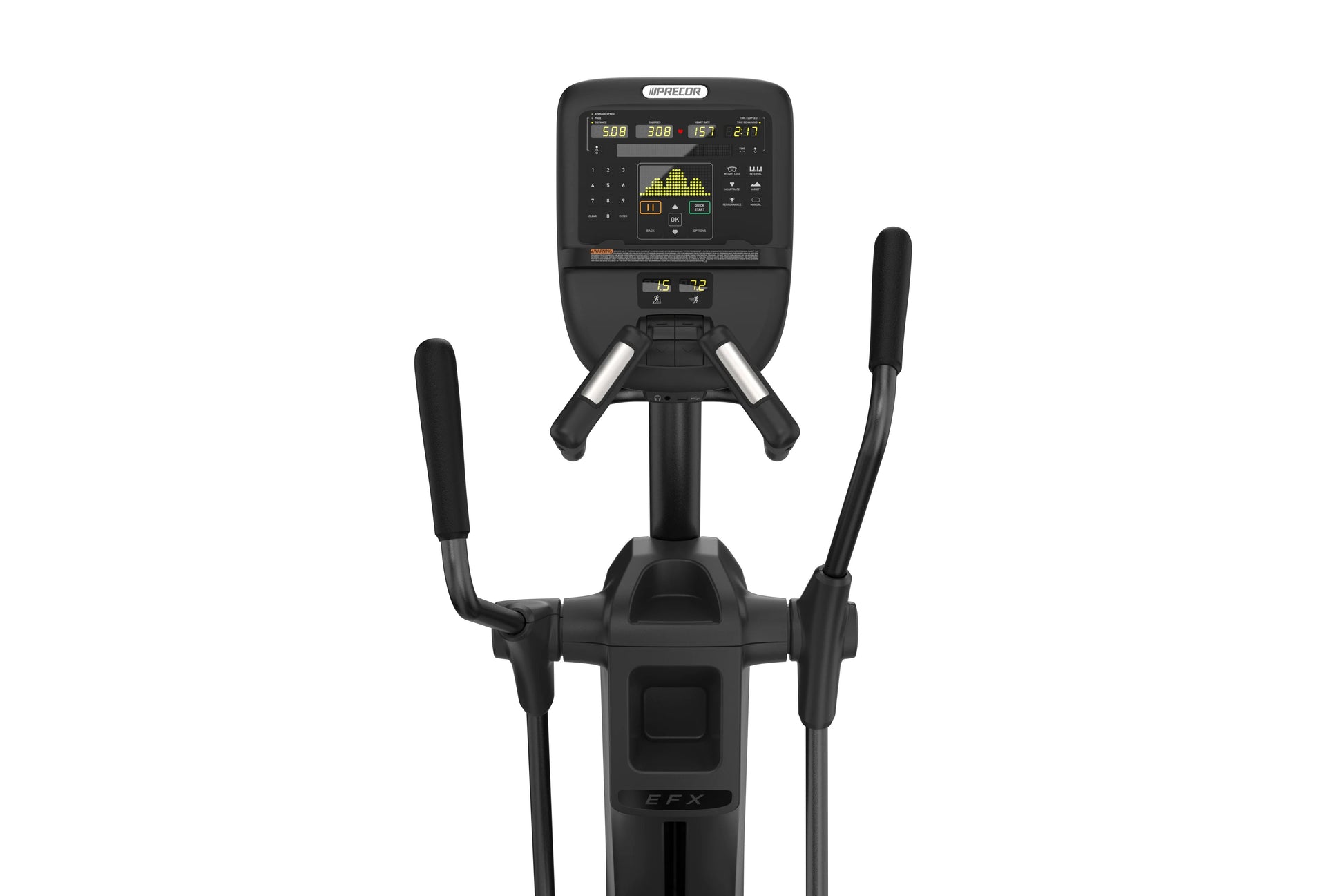 Precor EFX 535 black elliptical machine with digital console displaying metrics and dual handlebars, front view