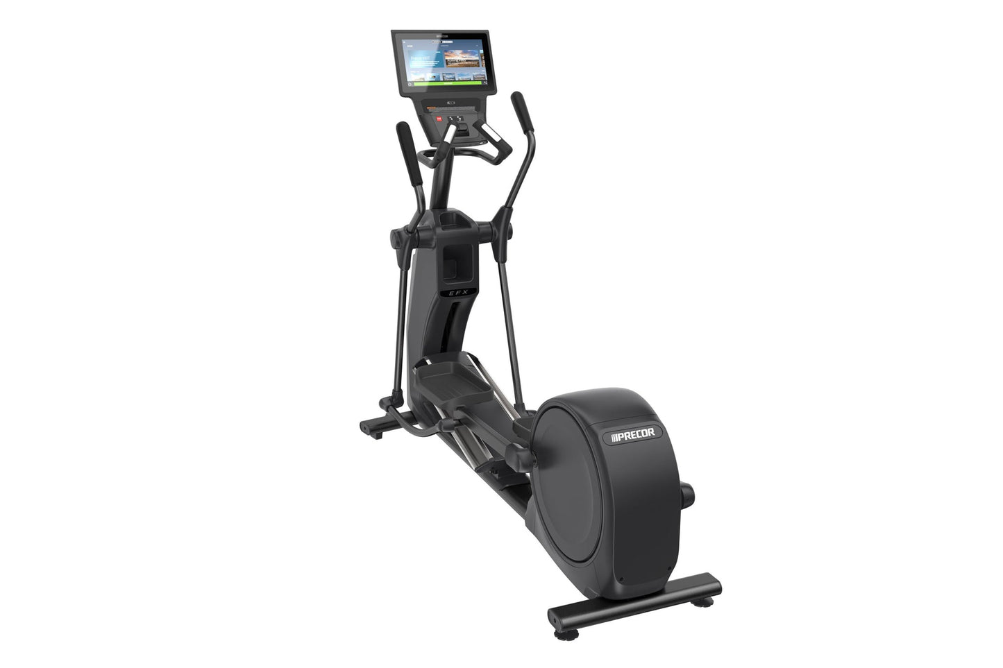 Black Precor EFX 585 elliptical machine with digital console display, dual handlebars, and large footplate on white backgroun