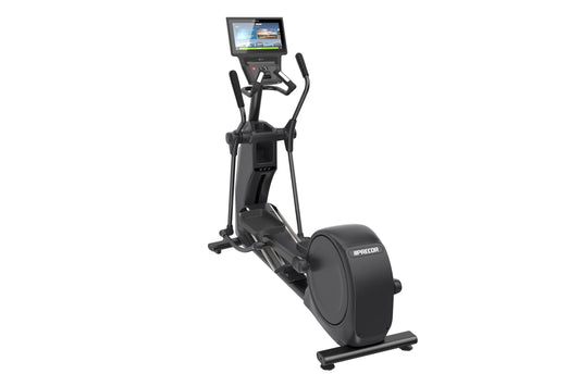 Black Precor EFX 585 elliptical machine with digital console display, dual handlebars, and large footplate on white backgroun