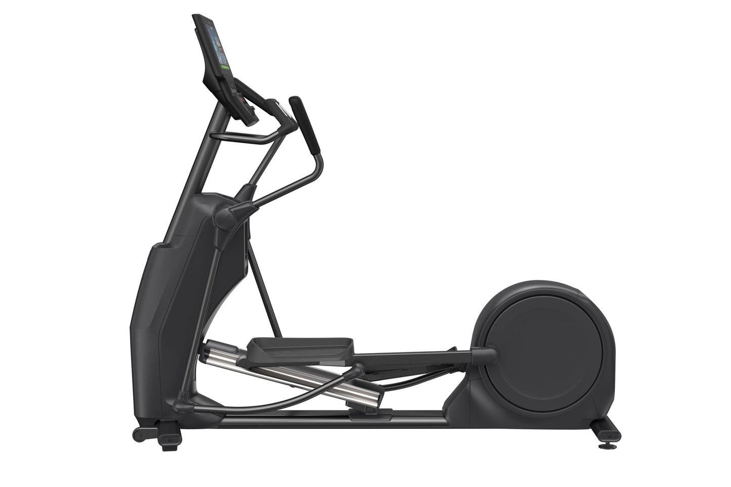 Black elliptical machine with digital console, large circular footplate, and dual handles on white background