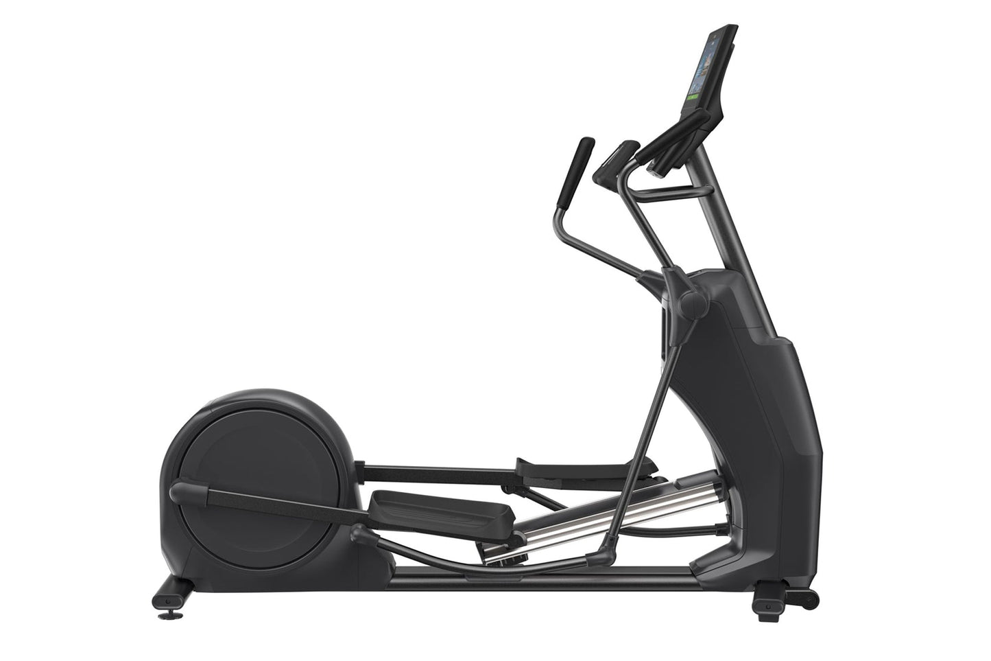 Black elliptical machine with digital console, metal frame, and foot pedals on white background