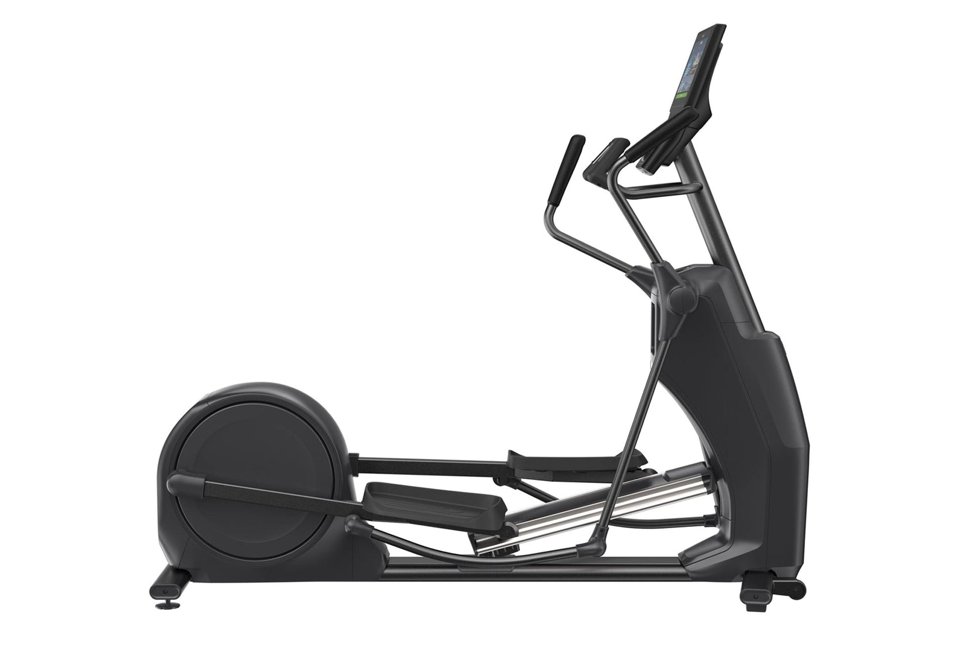 Black elliptical machine with digital console, metal frame, and foot pedals on white background