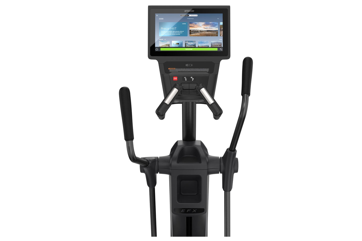 Black elliptical machine with digital touchscreen display console showing fitness content, dual moving handles, and pedal bas