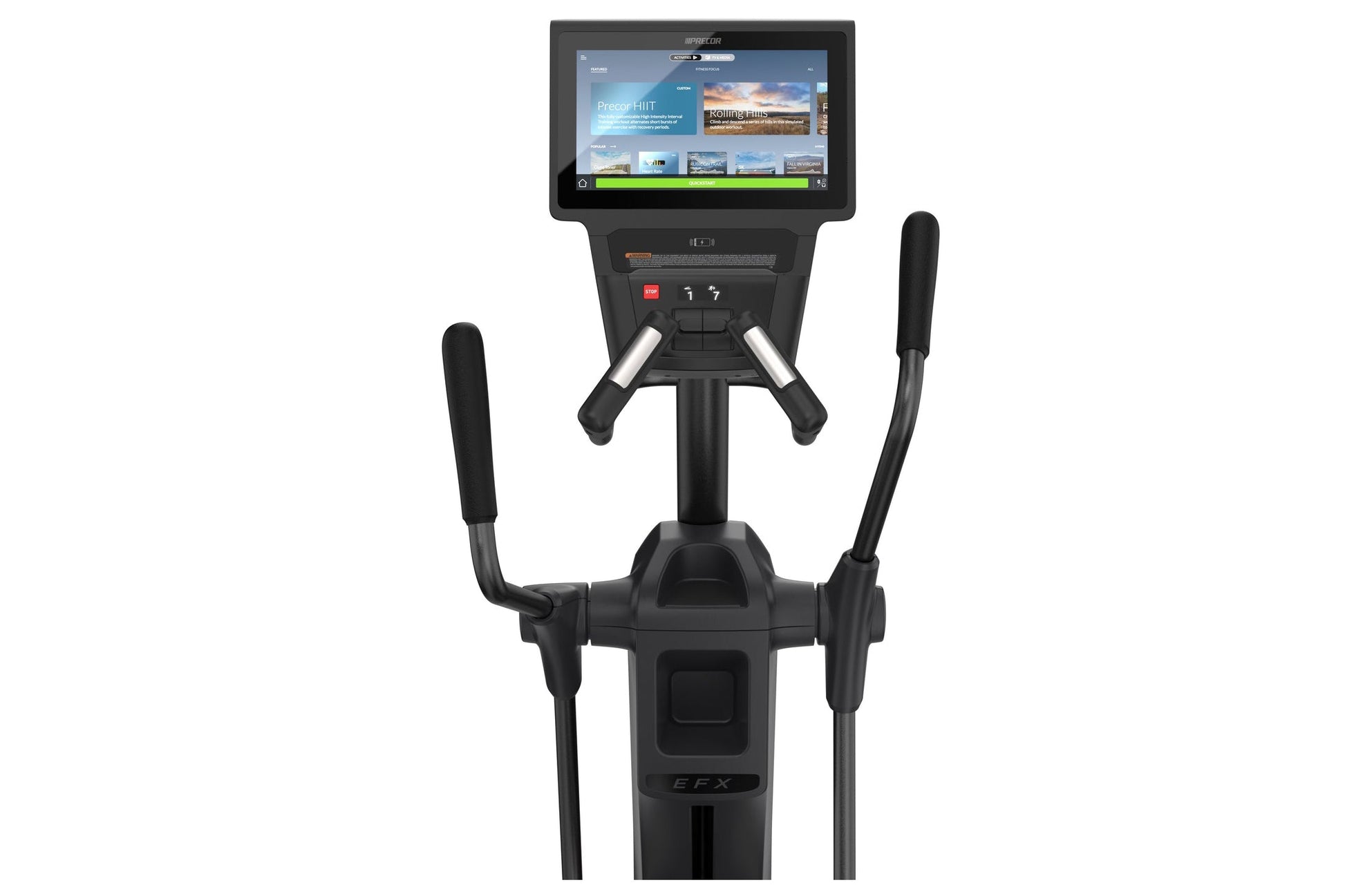 Black elliptical machine with digital touchscreen display console showing fitness content, dual moving handles, and pedal bas