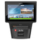 Black Precor elliptical machine with touchscreen console displaying workout menu, stop button, and digital display showing me