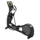 Black elliptical machine with digital console display, handlebar grips, and large front wheel on white background
