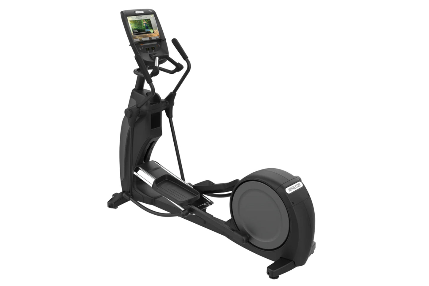 Black elliptical machine with digital console display, handlebar grips, and large front wheel on white background