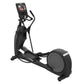 Black elliptical trainer with digital display console, dual handles, and large pedal platform on white background