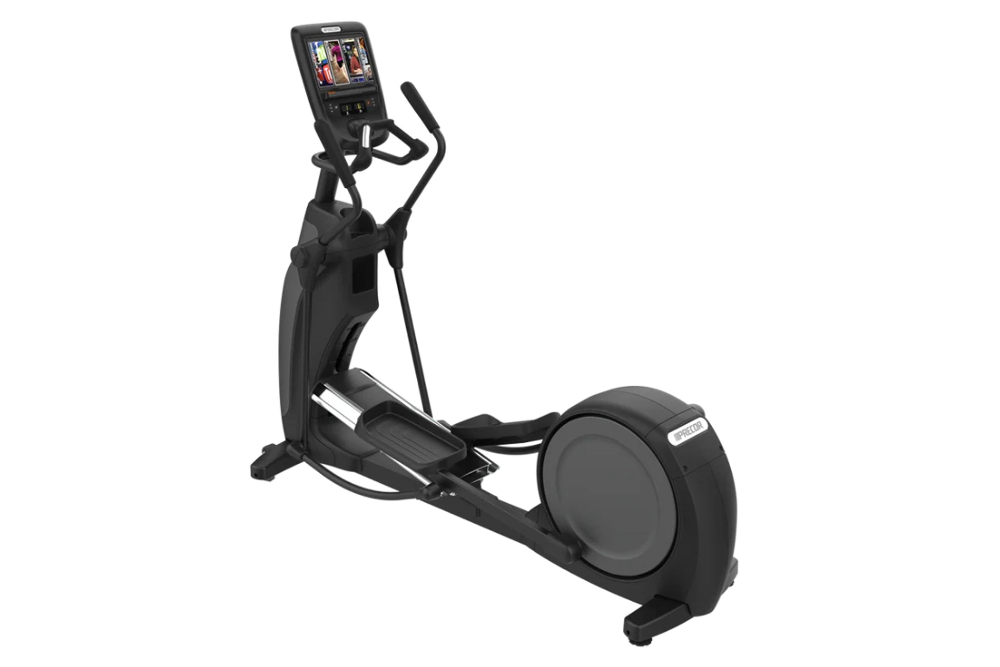 Black elliptical trainer with digital display console, dual handles, and large pedal platform on white background