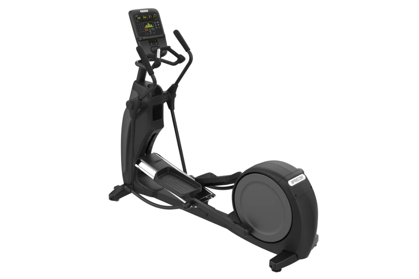 Black elliptical machine with digital console display and moving handlebars, shown on white background