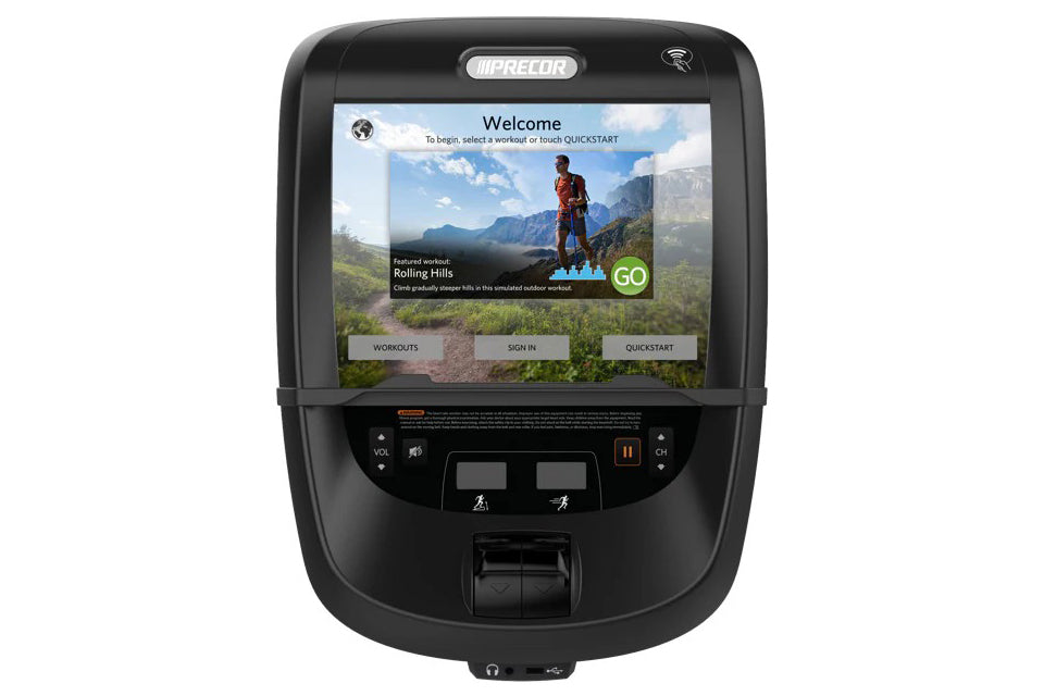 Precor EFX 600 elliptical machine with black frame, touchscreen display showing welcome workout interface, and control button