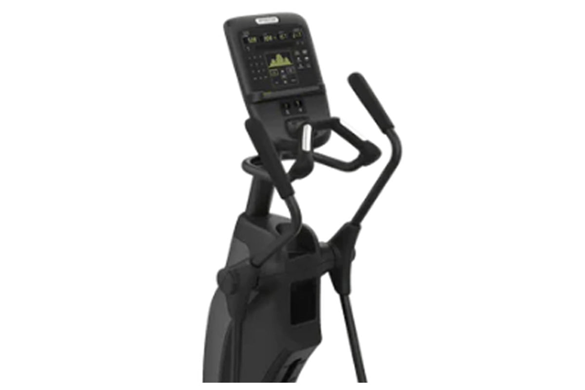 Black Precor EFX 635 elliptical machine with P31 console display and dual handlebar grips on white background