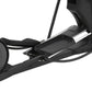 Black elliptical machine with chrome accents and foot pedals, shown at an angle on white background