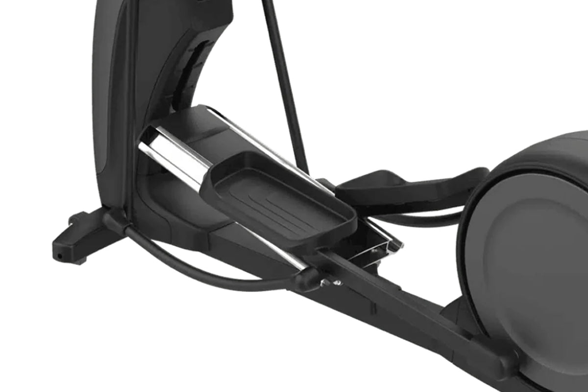 Black elliptical machine with chrome accents and attached cord, shown from side angle on white background