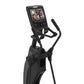 Black Precor elliptical machine with digital console display and extended handlebars, shown on white background