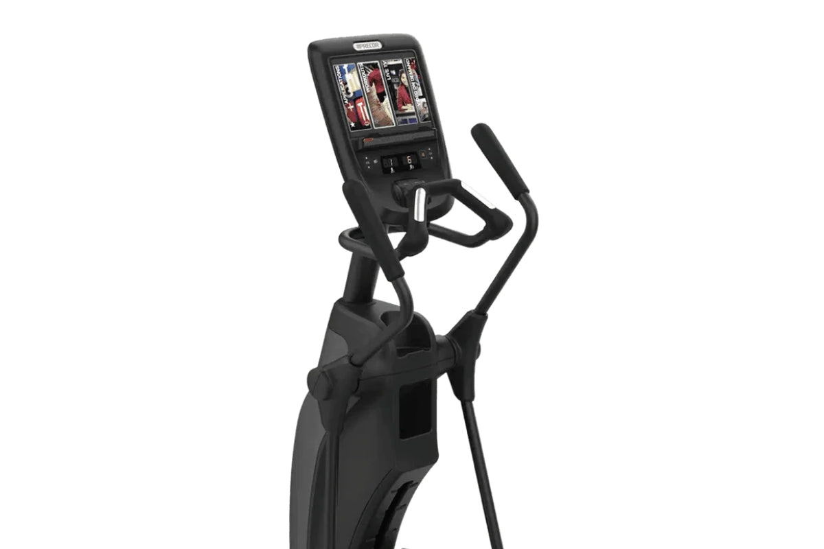 Black Precor elliptical machine with digital console display and extended handlebars, shown on white background
