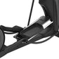 Black elliptical machine with chrome accents and foot pedals, shown at an angle on white background
