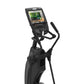 Black elliptical machine with digital display console showing workout metrics, isolated on white background
