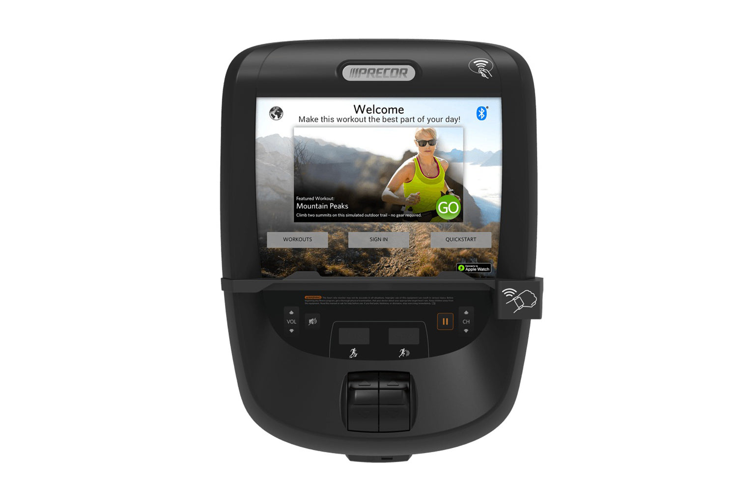 Black Precor EFX 685 elliptical machine with P82 touchscreen console displaying welcome screen and mountain peaks workout, fr