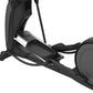 Black elliptical machine with large foot pedals, chrome accents, and attached cable on white background
