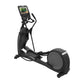 Black elliptical exercise machine with digital console display and moving handlebars, on white background