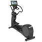 Black Precor elliptical machine with touchscreen display and dual handlebar grips on white background