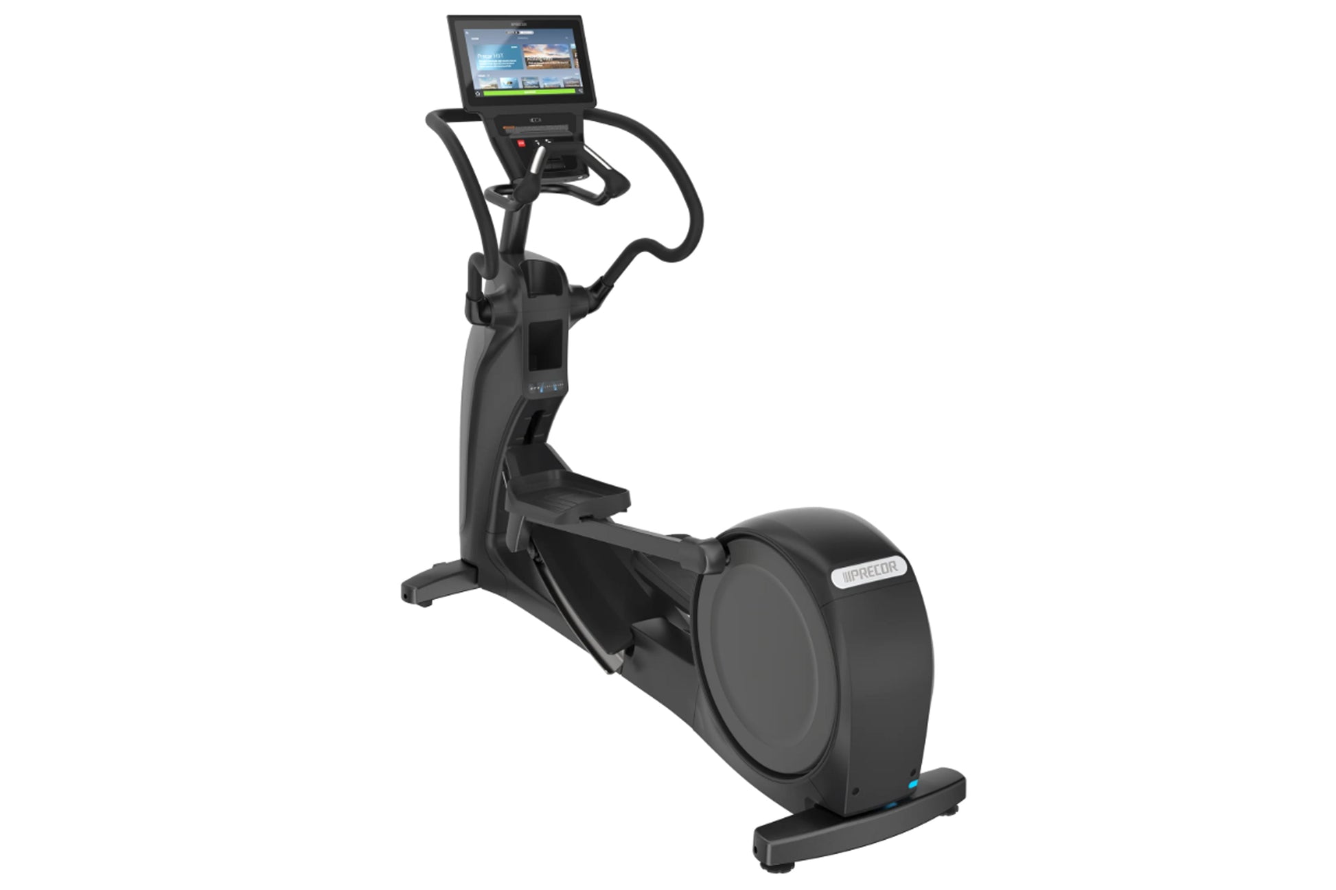 Black Precor elliptical machine with touchscreen display and dual handlebar grips on white background