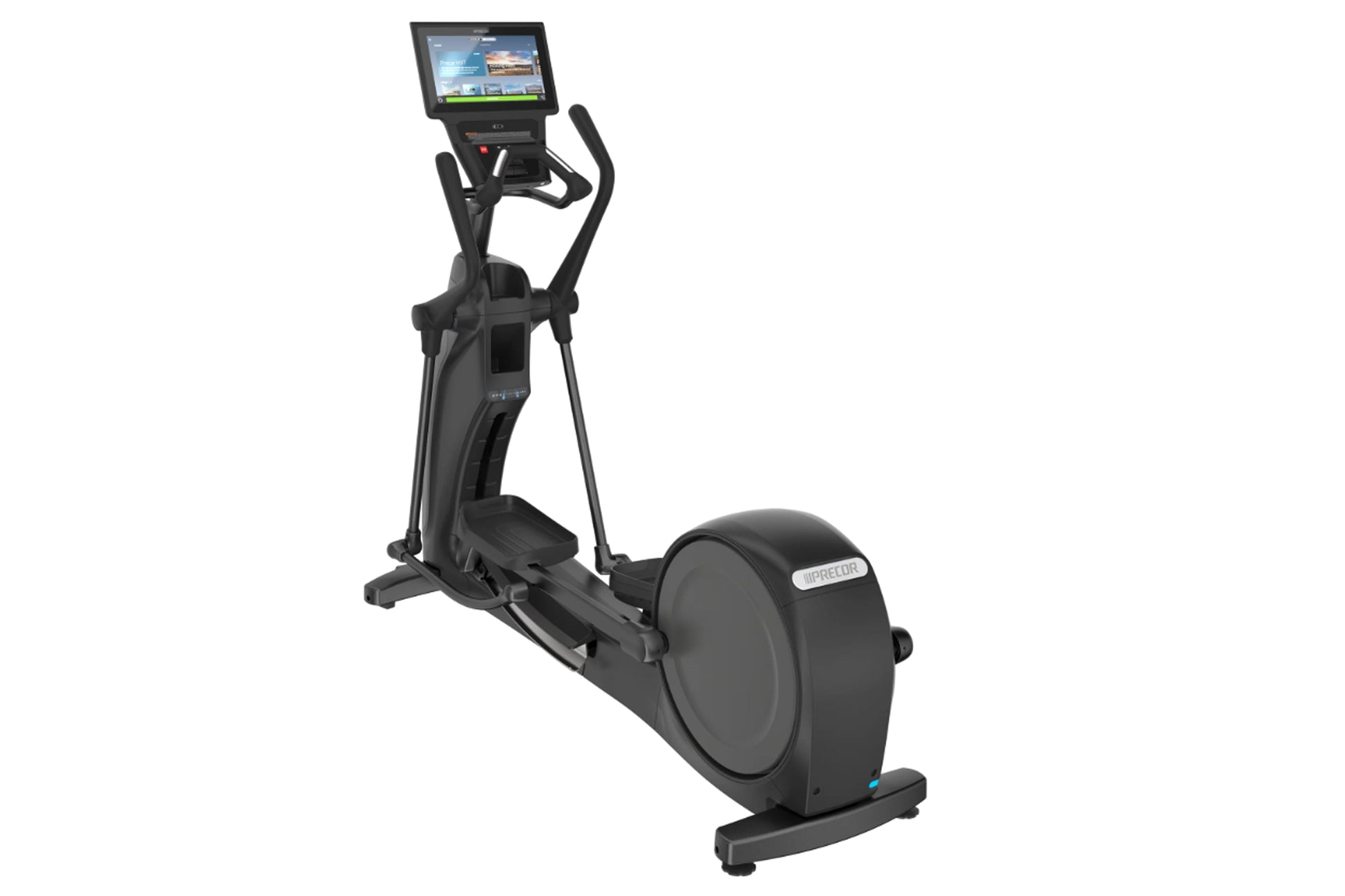 Black Precor elliptical machine with integrated touchscreen display and dual handlebars, shown on white background