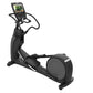 Black elliptical trainer with digital display console and handlebar on white background