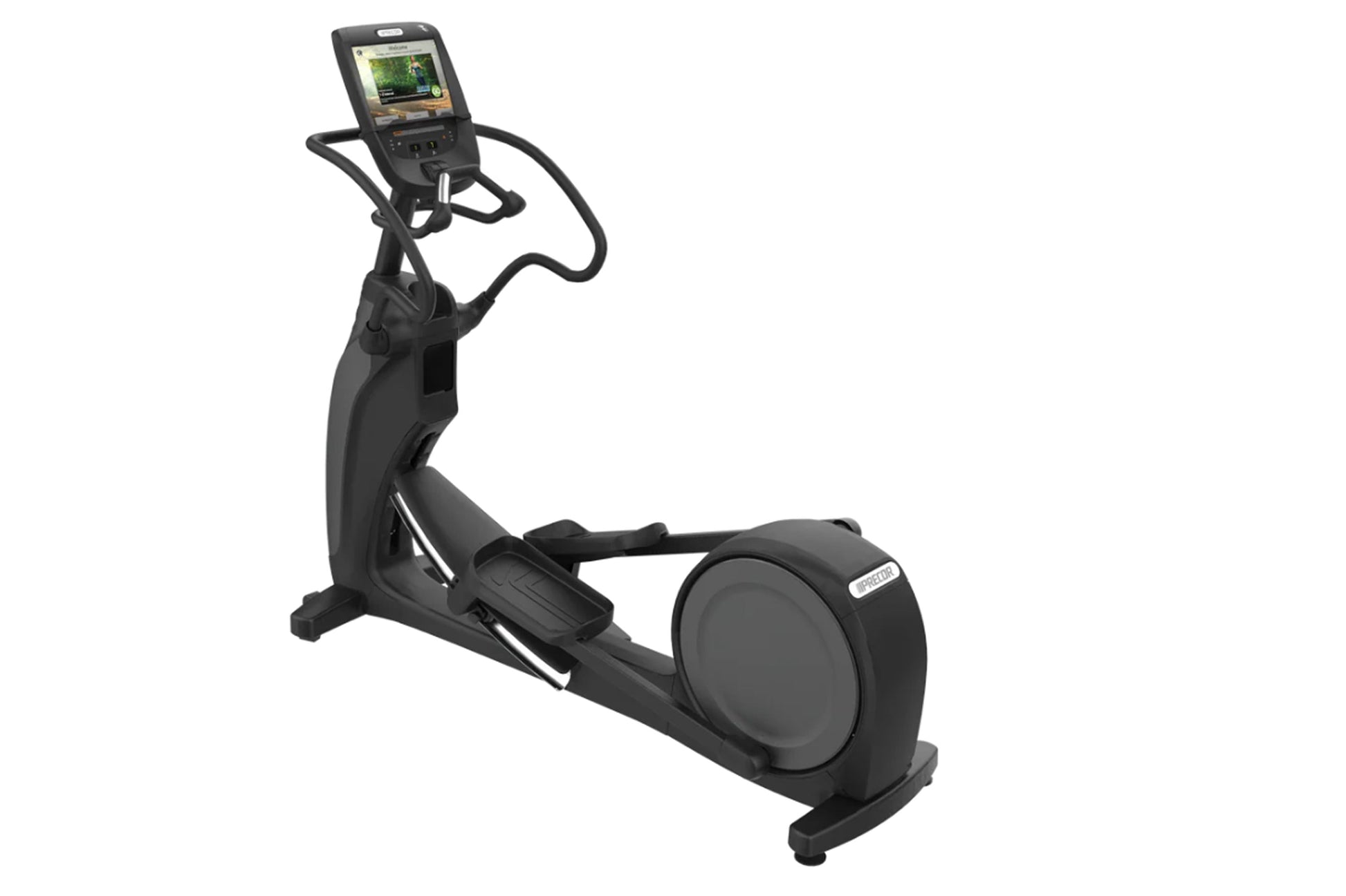 Black elliptical trainer with digital display console and handlebar on white background