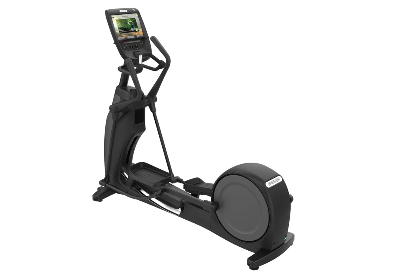 Black elliptical machine with digital display console and dual handles, shown on white background