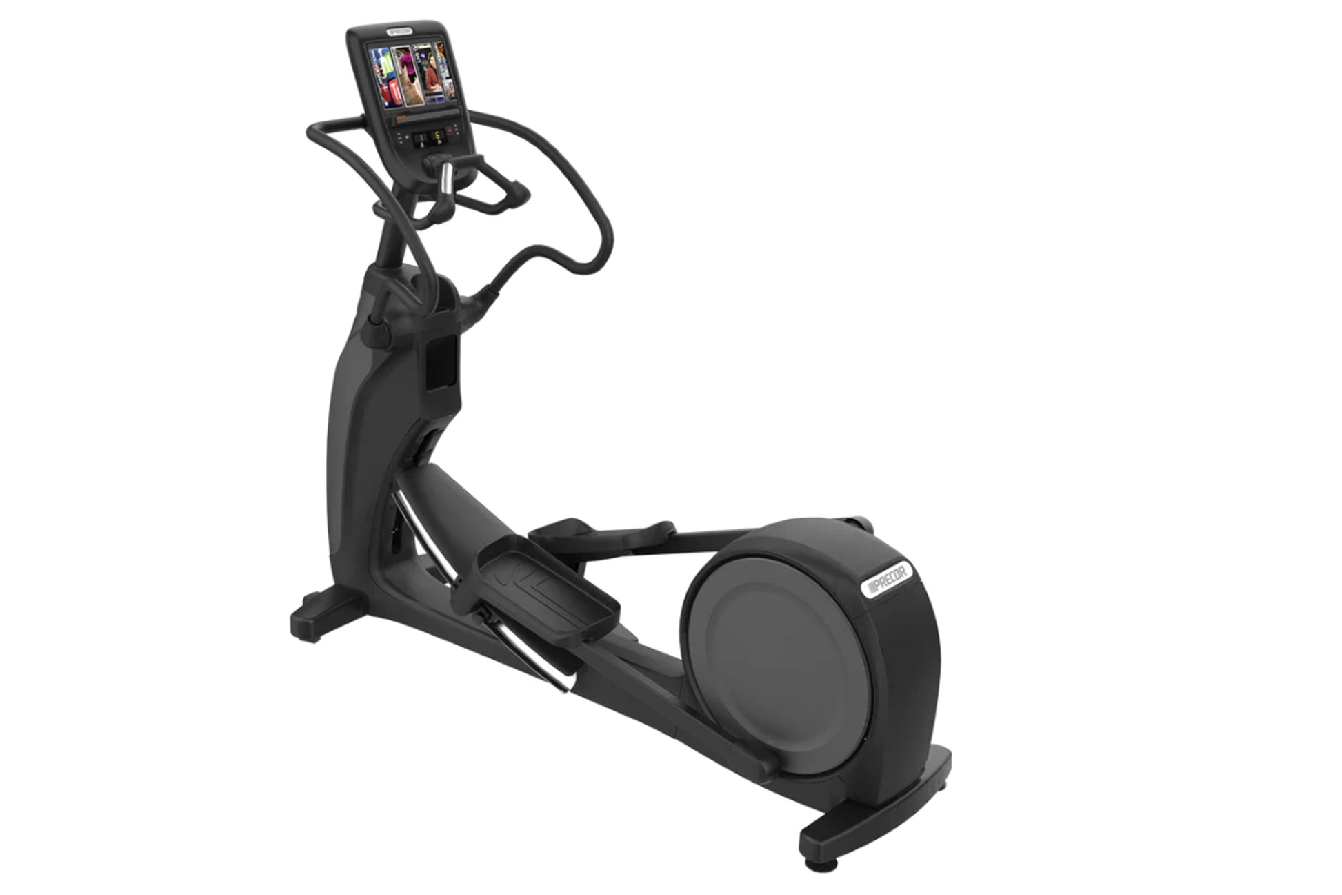 Black elliptical exercise machine with touchscreen console display and curved handles on white background