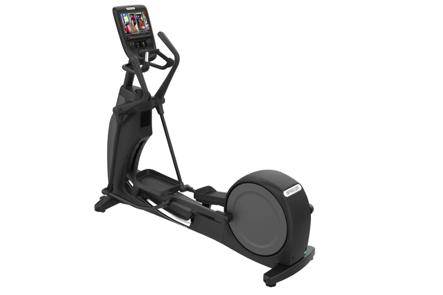 Black elliptical machine with digital touchscreen console, foot pedals, and handles, on white background