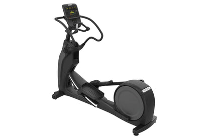 Black Precor elliptical machine with digital console display and curved handles on white background