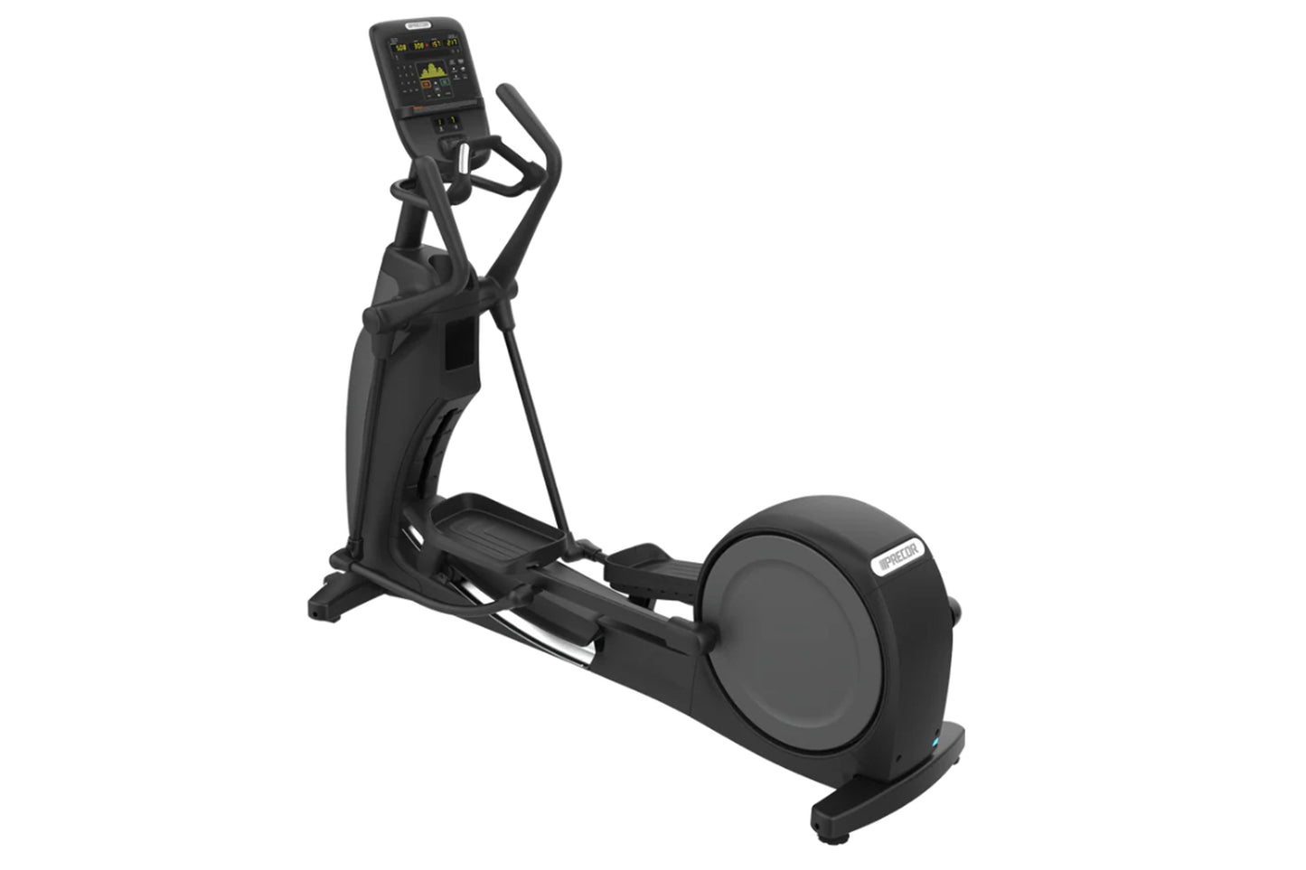 Black Precor EFX 800 elliptical machine with digital console, foot pedals, and large circular flywheel, on white background