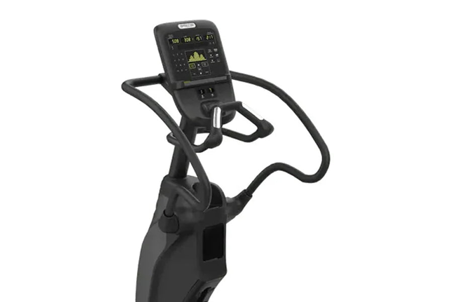 Black elliptical machine with digital console display showing workout metrics and controls, on white background