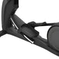 Black elliptical machine with extended footplate and circular wheel, shown from side angle on white background