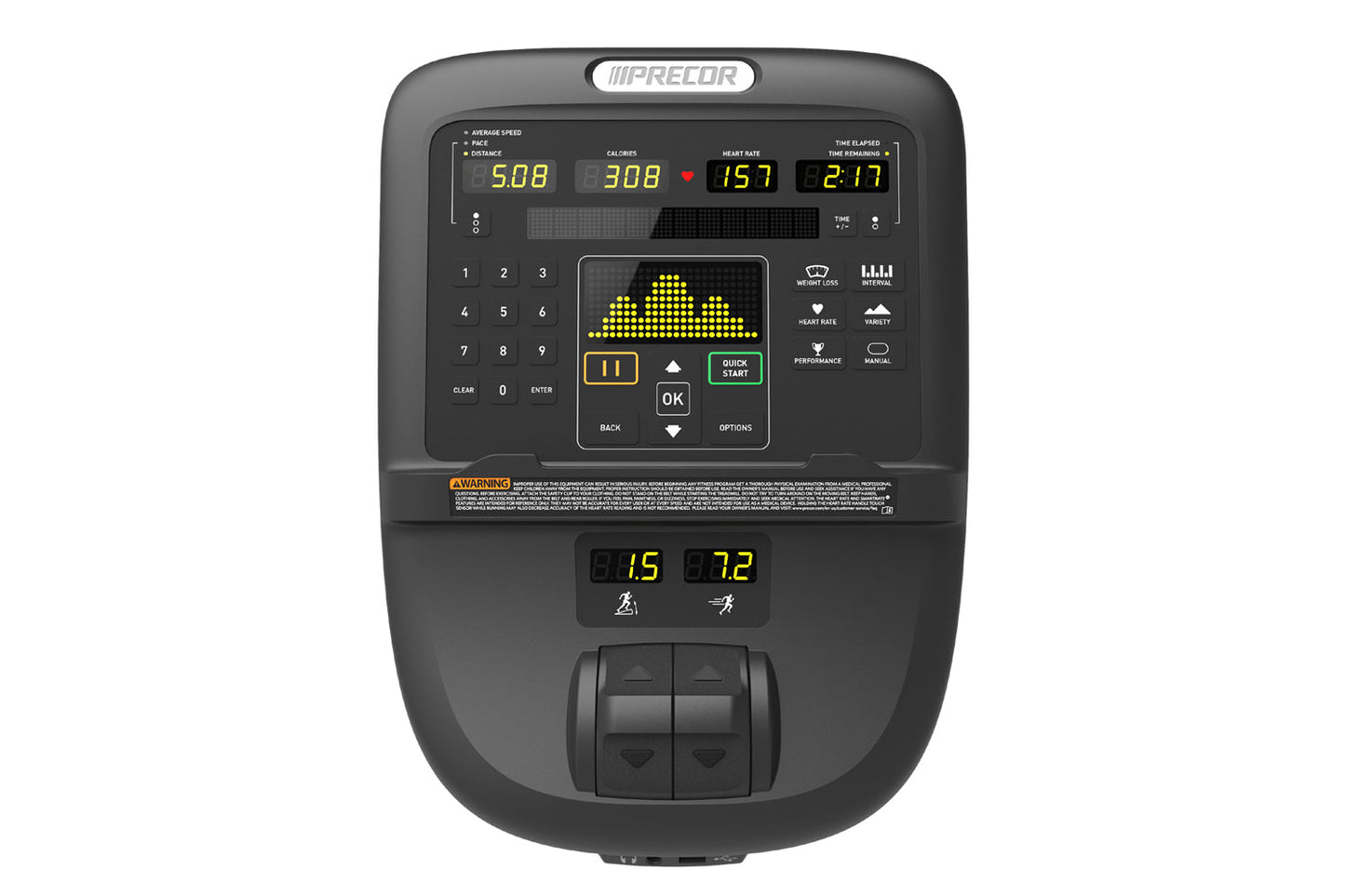 Precor EFX 833 elliptical machine with black frame, digital console displaying workout metrics including speed, distance, cal