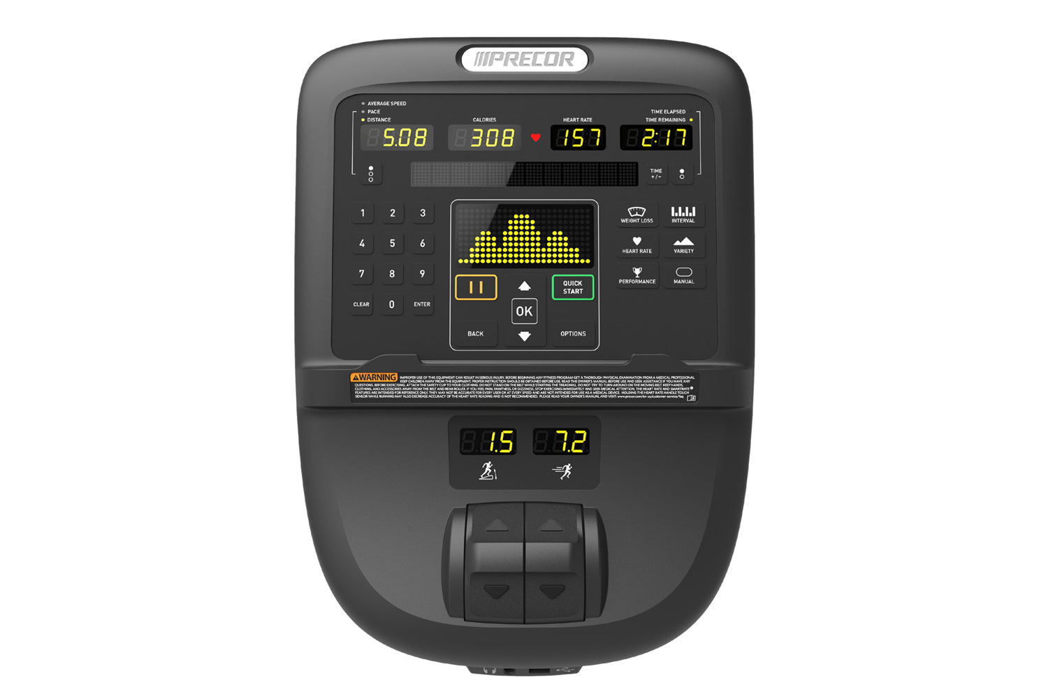 Precor EFX 833 elliptical machine with black frame, digital console displaying workout metrics including speed, distance, cal