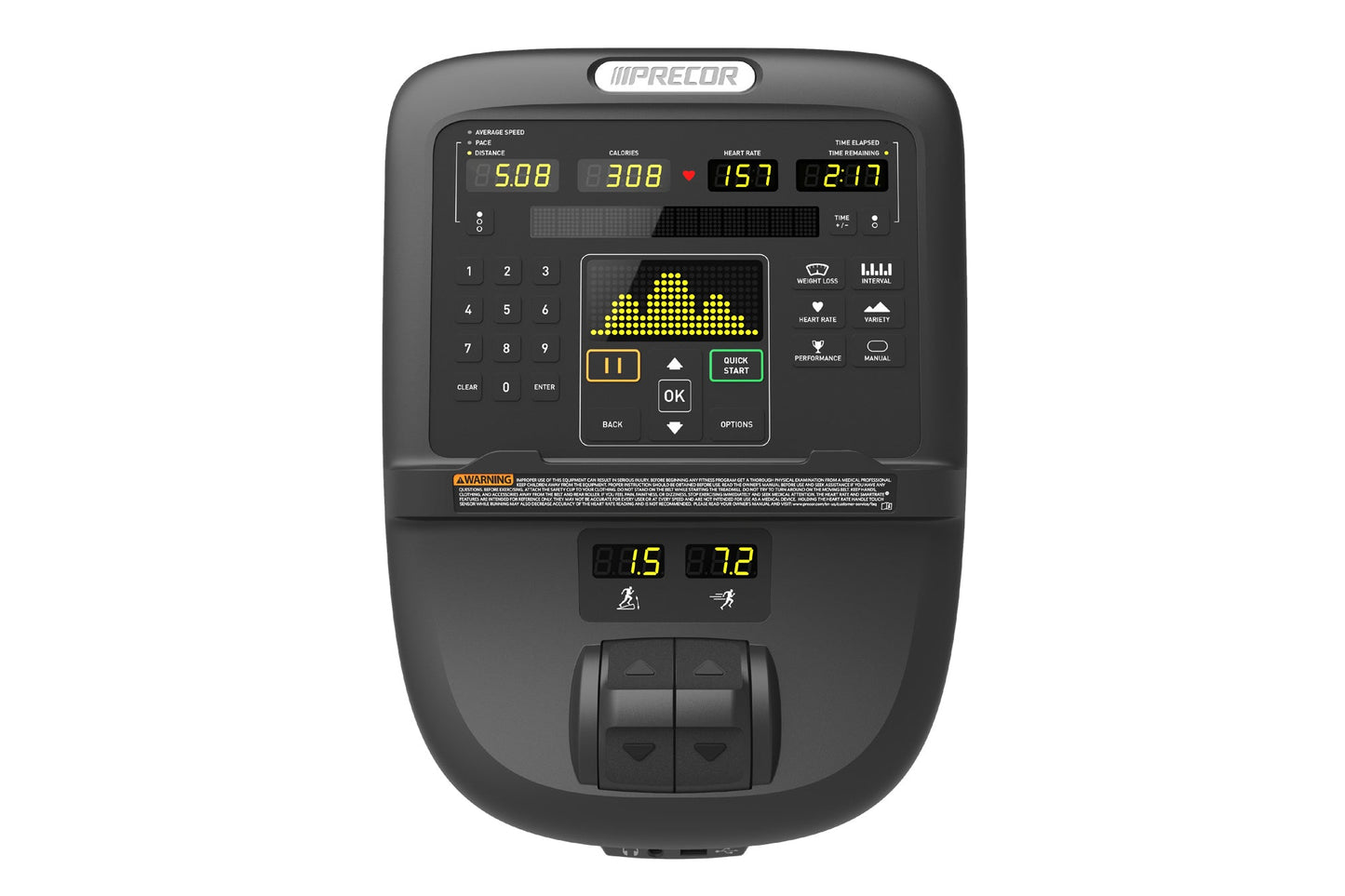 Precor EFX 835 elliptical machine with black console displaying workout metrics including speed, calories, heart rate, and ti