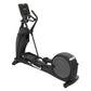 Black elliptical machine with digital console, dual handlebars, and large footplate on white background
