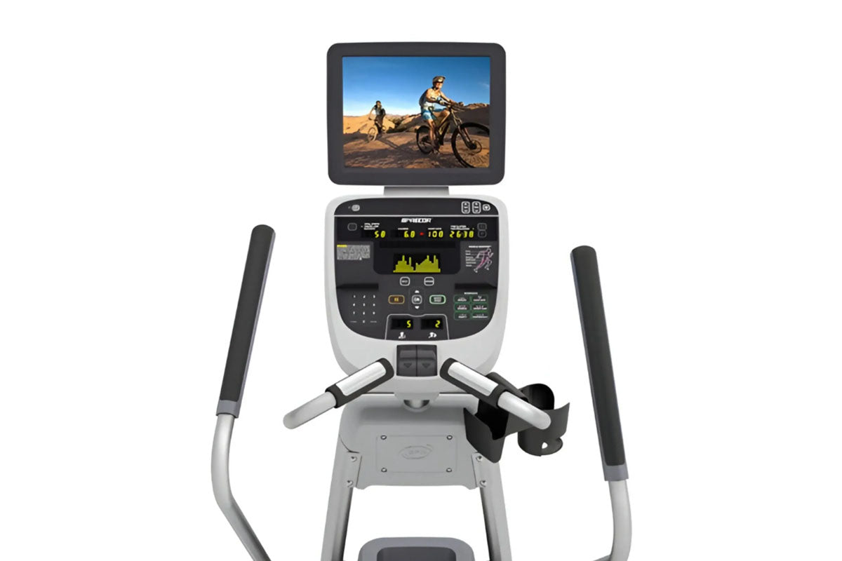 Elliptical machine with a screen displaying an outdoor scene