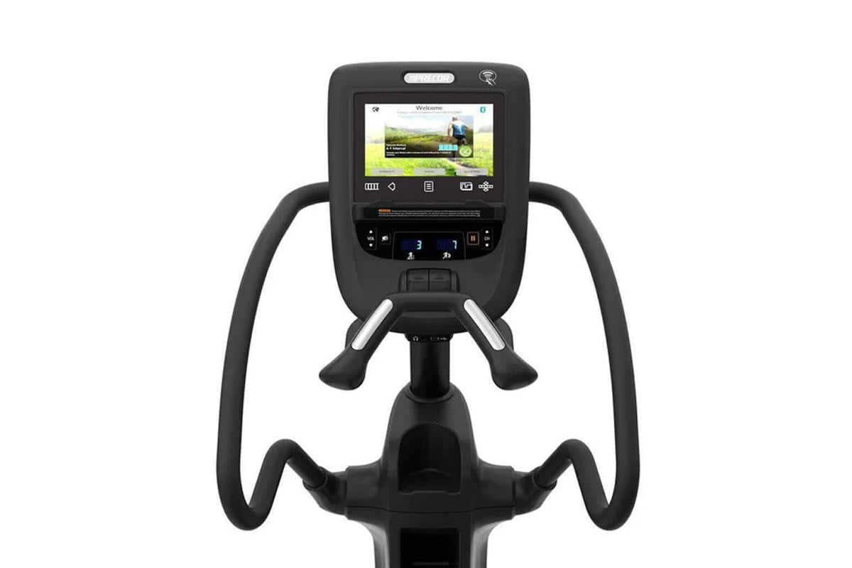 Black Precor EFX 863 elliptical machine with dual handles, foot pedals, and digital console display showing workout interface