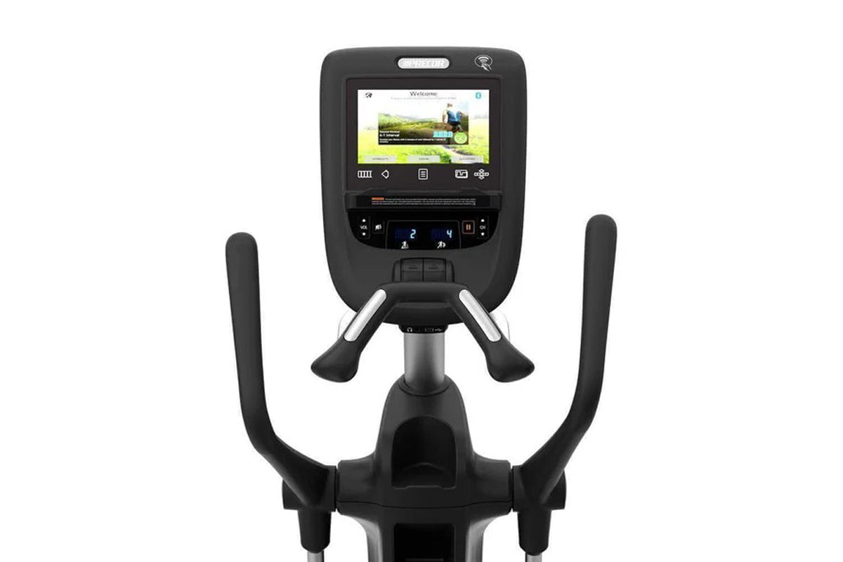 Black Precor EFX 865 elliptical machine with dual handles, metallic accents, and digital display console showing workout inte