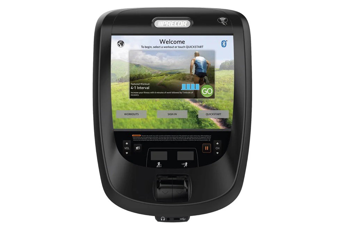 Precor EFX 865 elliptical machine with black frame and touchscreen console displaying welcome screen with workout options