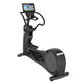 Black Precor elliptical machine with digital console display and curved handlebars, on white background