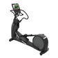 Black elliptical trainer with curved handles and digital console display on white background